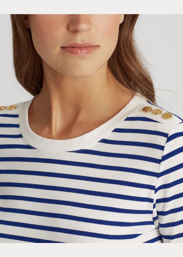 Koszulki Ralph Lauren Striped Elbow-Sleeve Top Damskie Białe Niebieskie | VEPJ9918