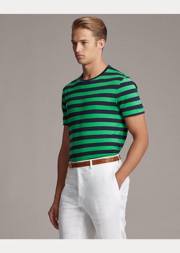 Koszulki Ralph Lauren Striped Lisle T-Shirt Męskie Zielone Granatowe | RVJF8452