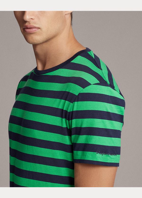 Koszulki Ralph Lauren Striped Lisle T-Shirt Męskie Zielone Granatowe | RVJF8452