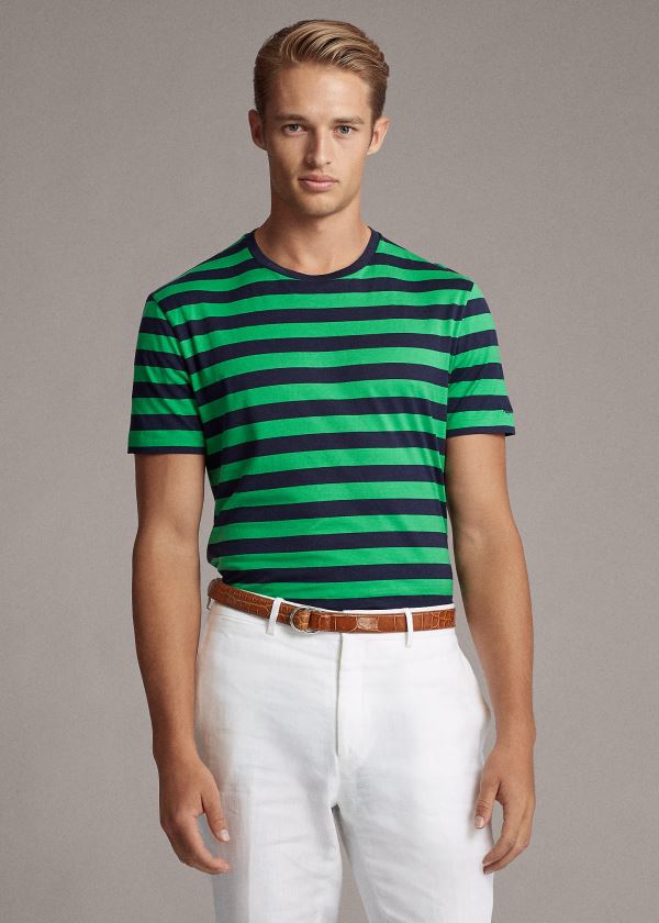 Koszulki Ralph Lauren Striped Lisle T-Shirt Męskie Zielone Granatowe | RVJF8452