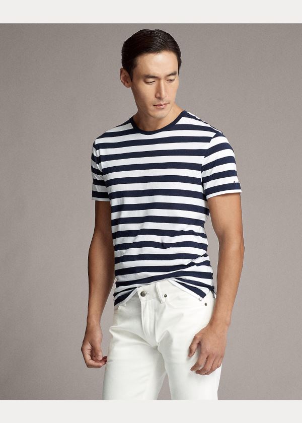 Koszulki Ralph Lauren Striped Lisle T-Shirt Męskie Granatowe Białe | DPGA1114