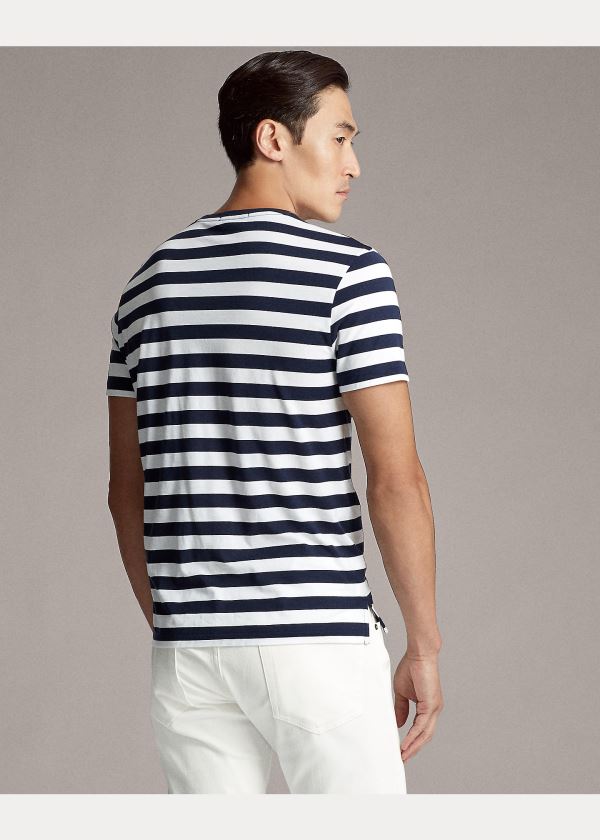 Koszulki Ralph Lauren Striped Lisle T-Shirt Męskie Granatowe Białe | DPGA1114