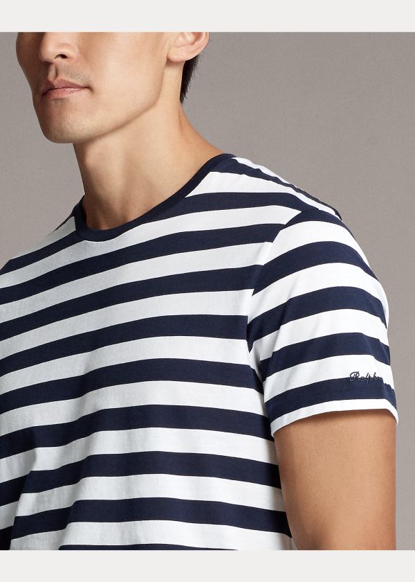 Koszulki Ralph Lauren Striped Lisle T-Shirt Męskie Granatowe Białe | DPGA1114