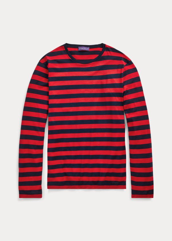 Koszulki Ralph Lauren Striped Lisle T-Shirt Męskie Czerwone Granatowe | QTCU9082