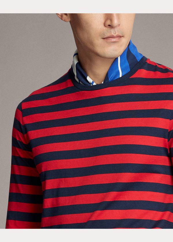 Koszulki Ralph Lauren Striped Lisle T-Shirt Męskie Czerwone Granatowe | QTCU9082