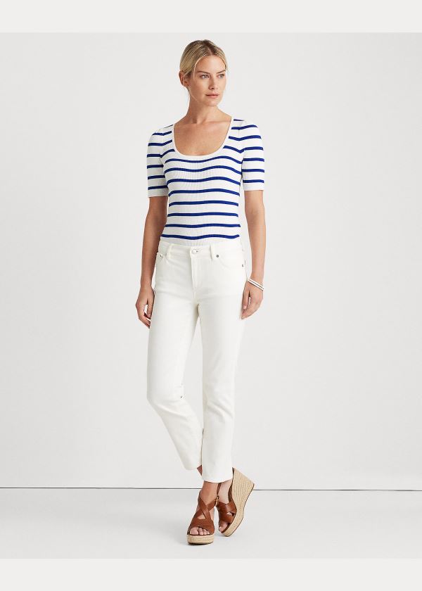 Koszulki Ralph Lauren Striped Puff-Sleeve Top Damskie Białe Królewski Niebieski | DQEJ5487