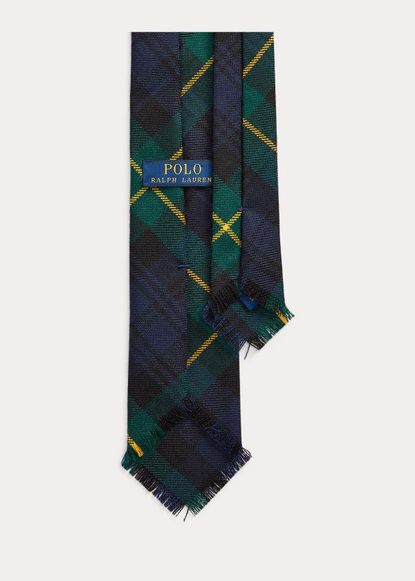 Krawaty Ralph Lauren Fringed Tartan Wool Narrow Tie Męskie Granatowe Złote Zielone | REAW6772