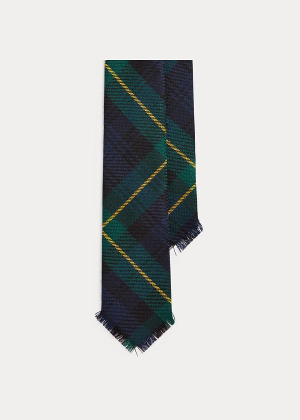 Krawaty Ralph Lauren Fringed Tartan Wool Narrow Tie Męskie Granatowe Złote Zielone | REAW6772