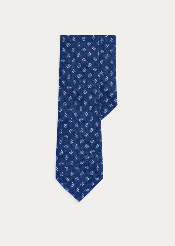 Krawaty Ralph Lauren Pine-Print Linen Narrow Tie Męskie Granatowe | VWHV7130