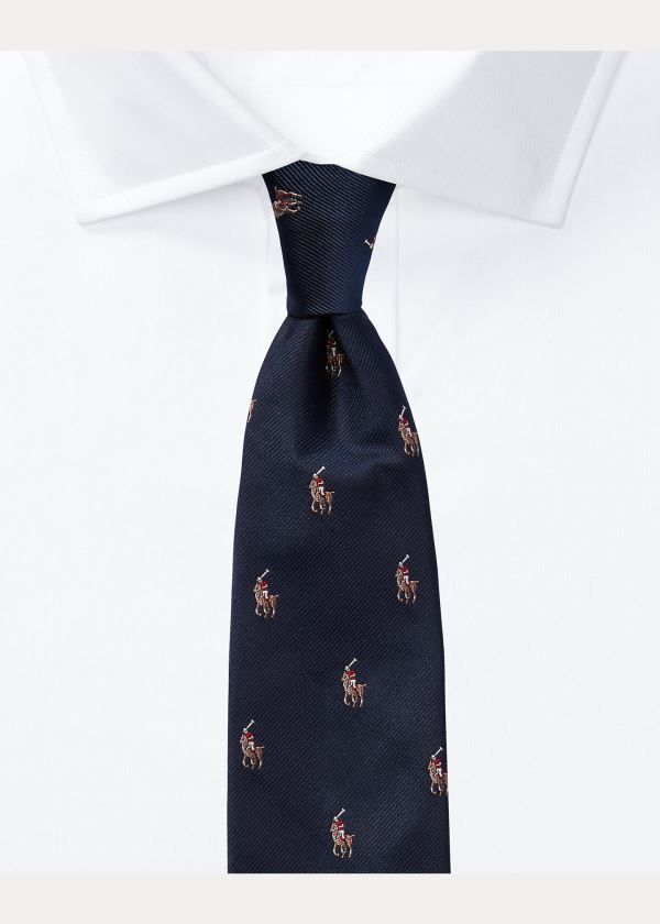 Krawaty Ralph Lauren Polo Player Silk Narrow Tie Męskie Granatowe | AEKO0207