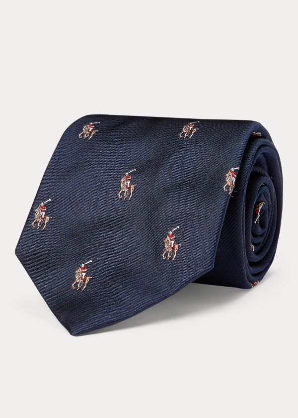 Krawaty Ralph Lauren Polo Player Silk Narrow Tie Męskie Granatowe | AEKO0207