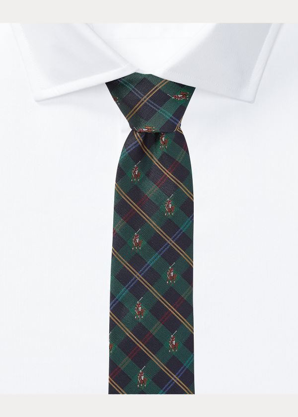 Krawaty Ralph Lauren Polo Player Tartan Narrow Tie Męskie Zielone Złote | GKUO4313