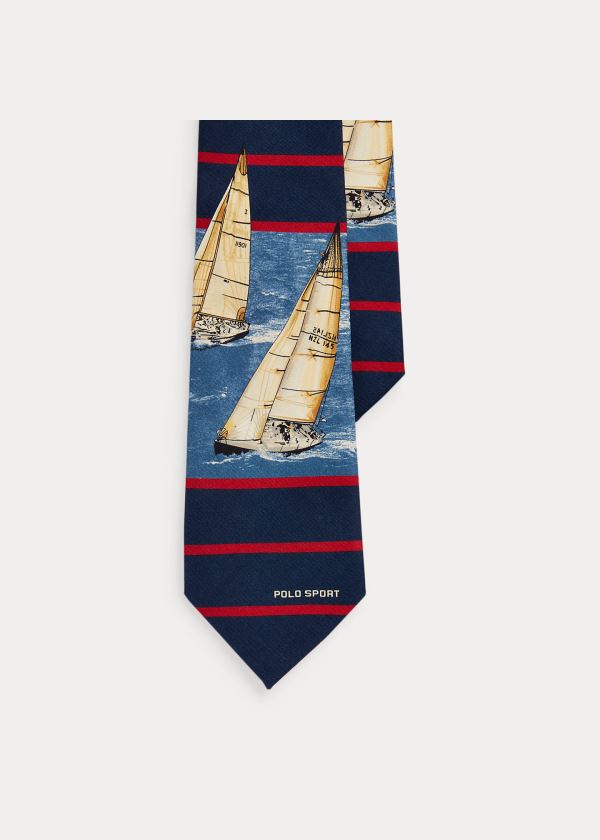 Krawaty Ralph Lauren Polo Sport Sailboat Silk Tie Męskie Granatowe Czerwone | PBLE8689