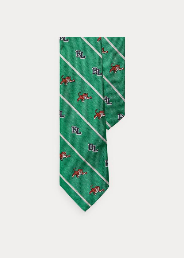 Krawaty Ralph Lauren RL Tiger Silk Narrow Tie Męskie Zielone | QXLN0782