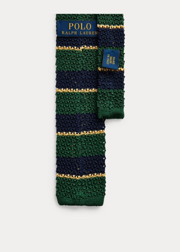 Krawaty Ralph Lauren Striped Knit Silk Tie Męskie Zielone Granatowe Złote | HJTR1546