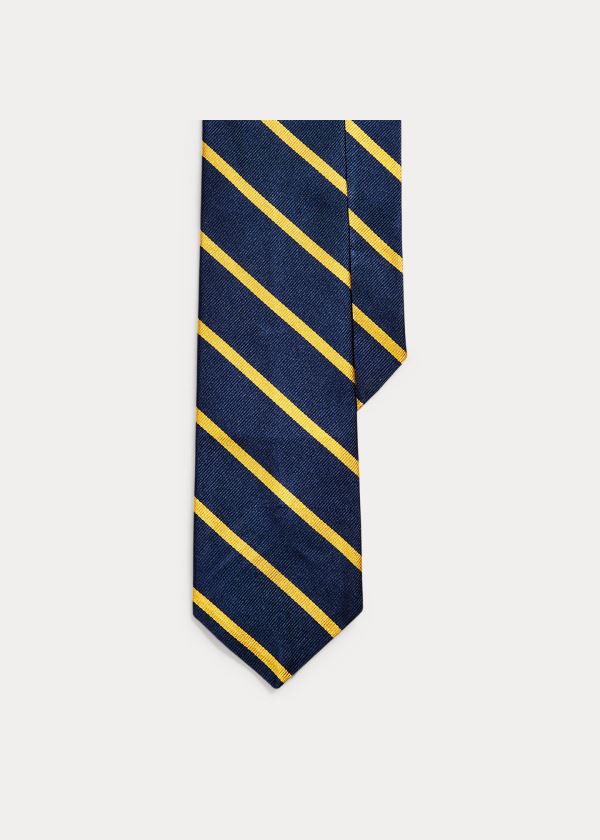 Krawaty Ralph Lauren Striped Silk Repp Narrow Tie Męskie Granatowe Złote | HDIF0829