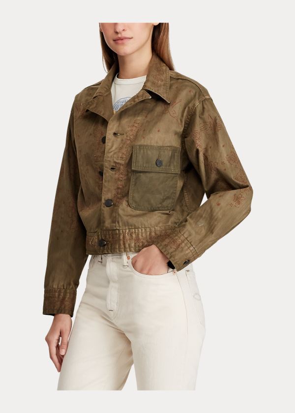 Kurtki Ralph Lauren Cropped Herringbone Jacket Damskie Oliwkowe | JIDV3349