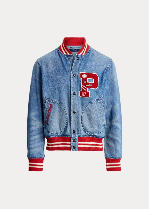 Kurtki Ralph Lauren Denim Letterman Jacket Męskie Niebieskie Niebieskie | WFQS6844