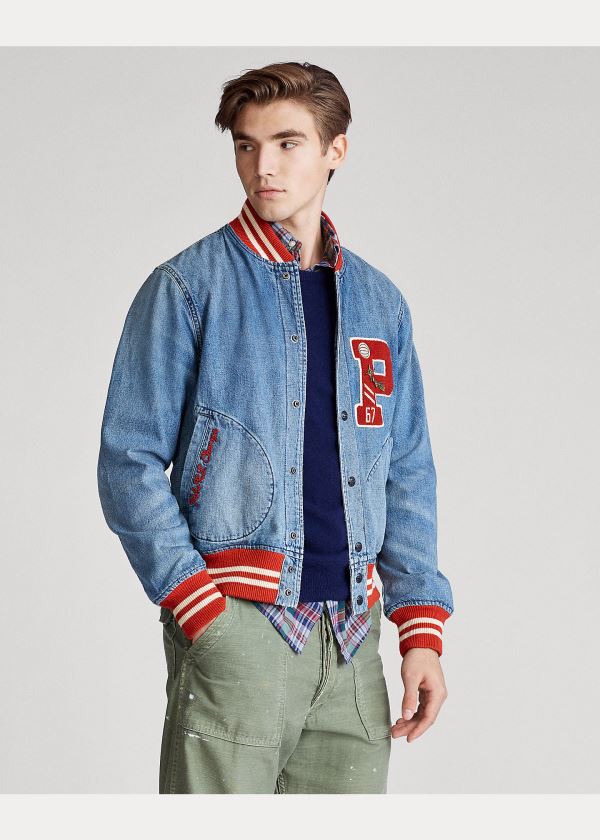 Kurtki Ralph Lauren Denim Letterman Jacket Męskie Niebieskie Niebieskie | WFQS6844