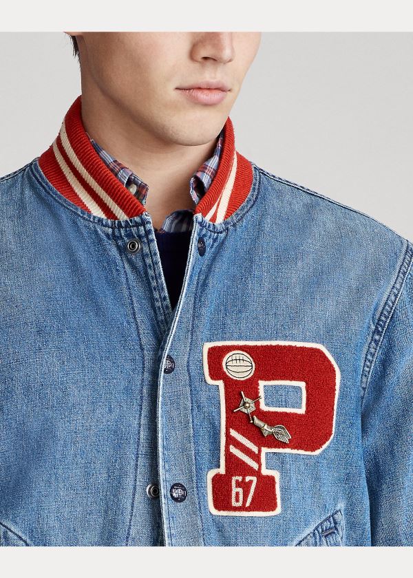 Kurtki Ralph Lauren Denim Letterman Jacket Męskie Niebieskie Niebieskie | WFQS6844