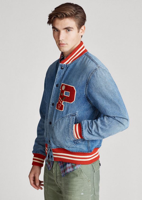 Kurtki Ralph Lauren Denim Letterman Jacket Męskie Niebieskie Niebieskie | WFQS6844