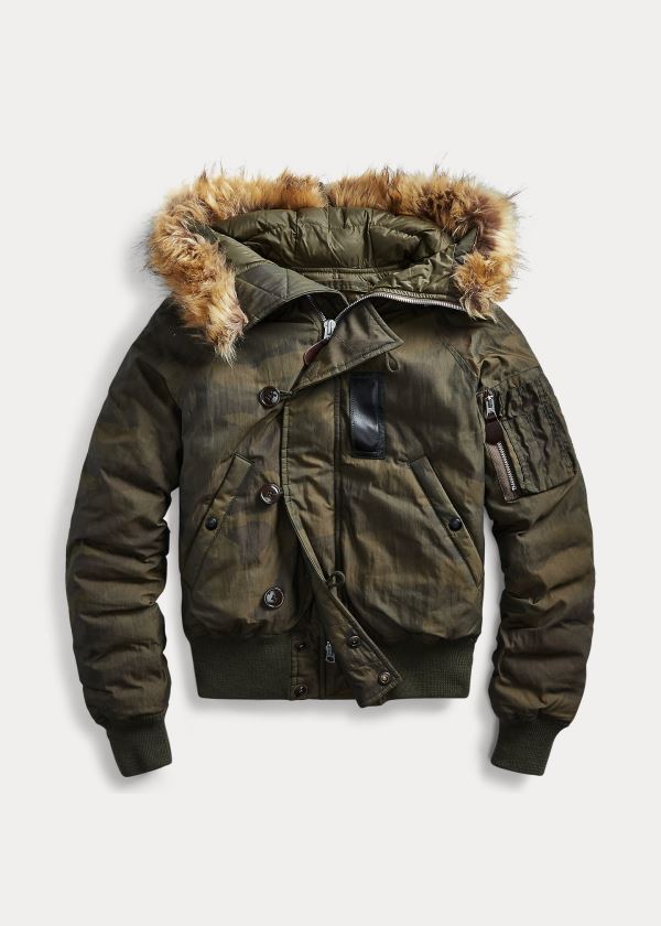 Kurtki Ralph Lauren Faux Fur-Trim Jacket Damskie Camo Zielone | MZKE4351