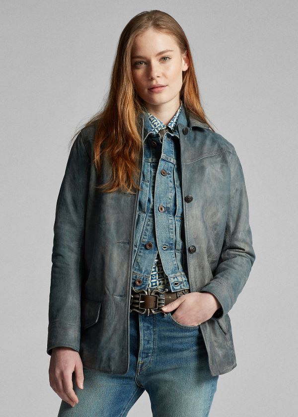 Kurtki Ralph Lauren Indigo Leather Jacket Damskie Indygo | KWGK2842