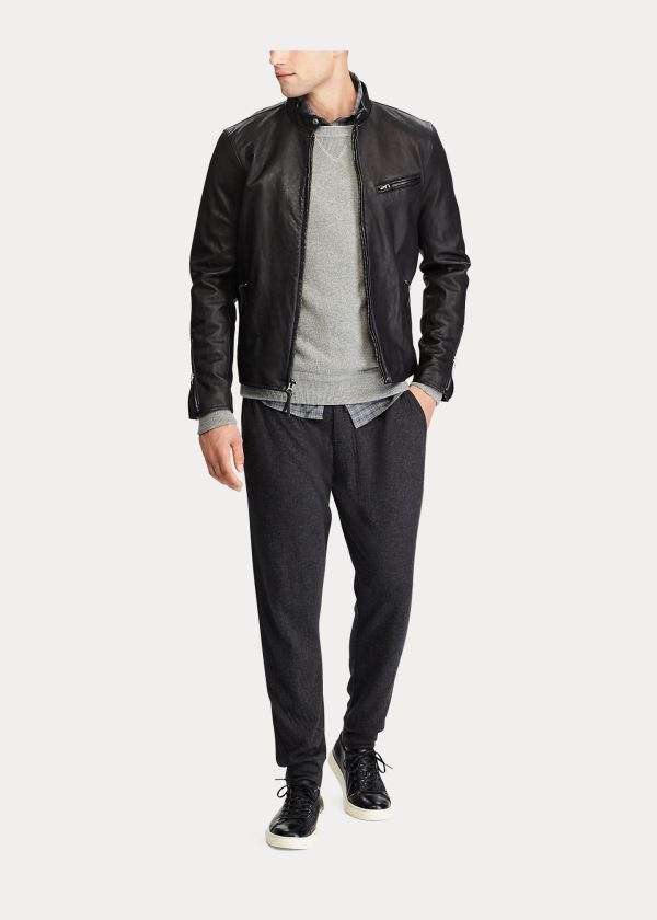 Kurtki Ralph Lauren Lambskin Caf? Racer Jacket Męskie Czarne | JJVR0819