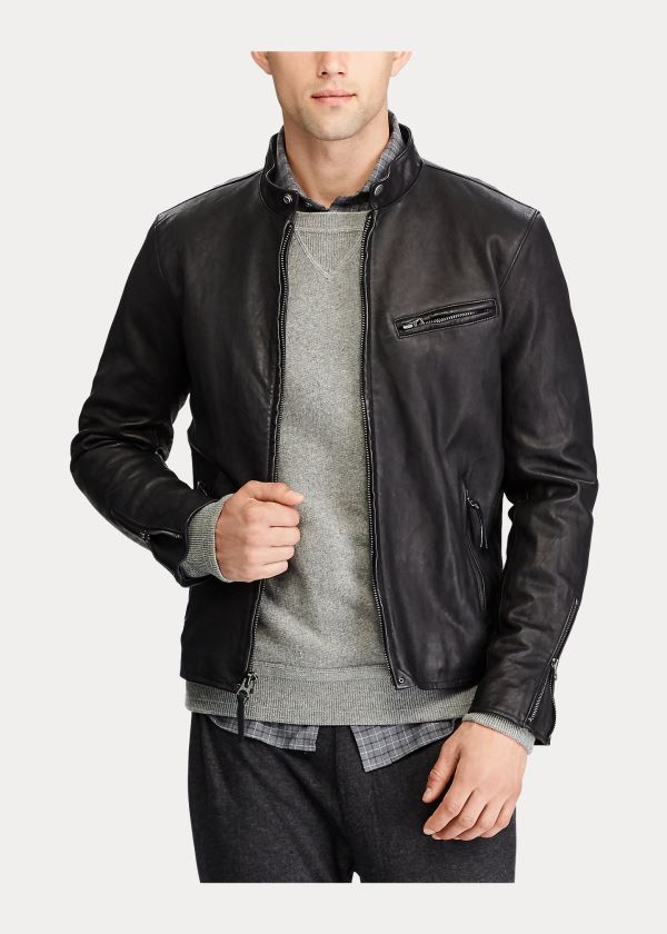 Kurtki Ralph Lauren Lambskin Caf? Racer Jacket Męskie Czarne | JJVR0819