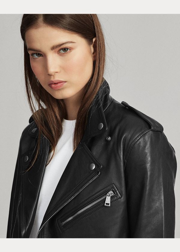 Kurtki Ralph Lauren Lambskin Moto Jacket Damskie Czarne | ZIHT1029