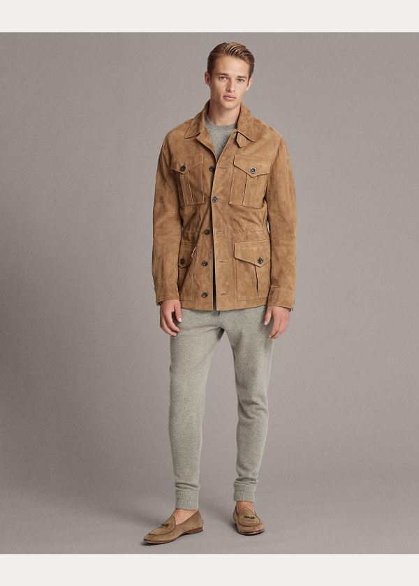 Kurtki Ralph Lauren Merton Nubuck Leather Jacket Męskie Khaki | LZFS2627