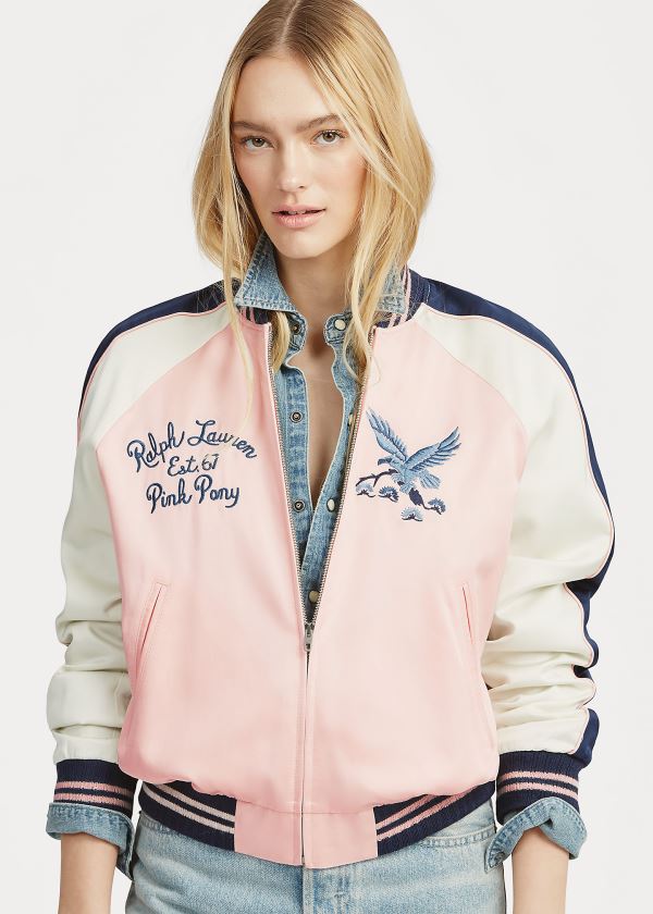 Kurtki Ralph Lauren Pink Pony Satin Bomber Jacket Damskie Różowe | UEGX7179