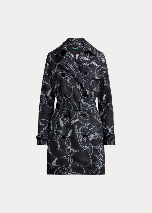 Kurtki Ralph Lauren Print Taffeta Trench Coat Damskie Czarne Białe | LNPG8091