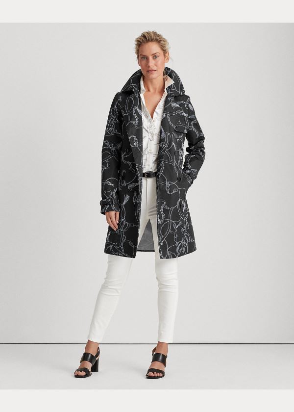 Kurtki Ralph Lauren Print Taffeta Trench Coat Damskie Czarne Białe | LNPG8091