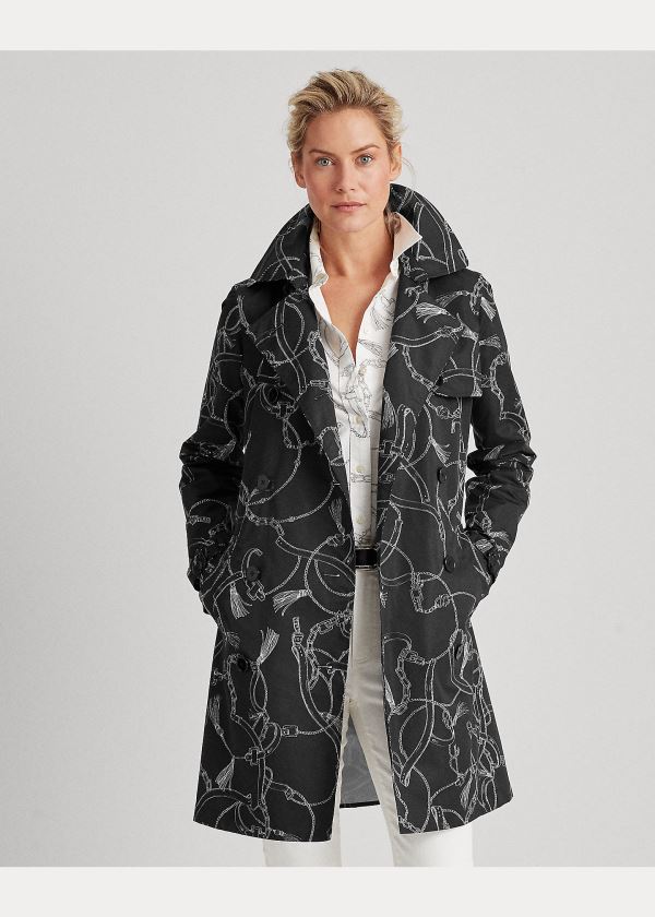 Kurtki Ralph Lauren Print Taffeta Trench Coat Damskie Czarne Białe | LNPG8091