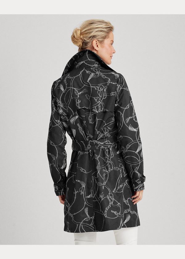 Kurtki Ralph Lauren Print Taffeta Trench Coat Damskie Czarne Białe | LNPG8091