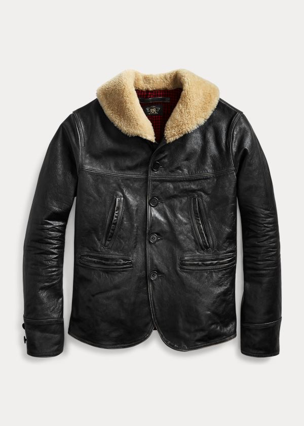 Kurtki Ralph Lauren Shearling-Leather Jacket Damskie Czarne Kremowe | ZXXJ0643