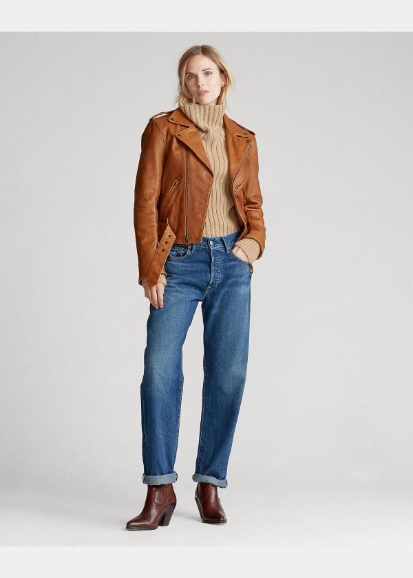 Kurtki Ralph Lauren Sheepskin Moto Jacket Damskie Brązowe | RFLG9521