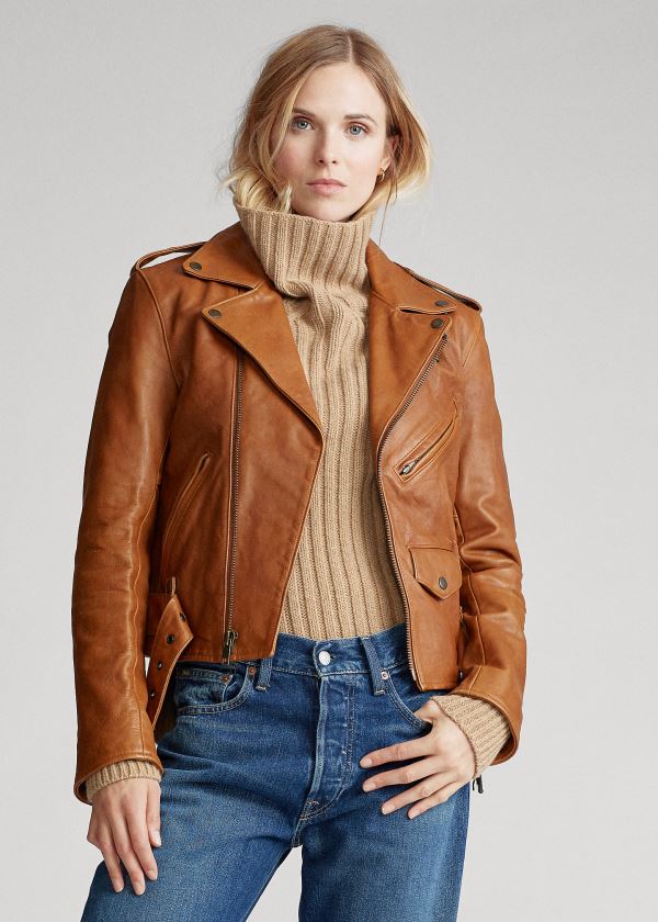 Kurtki Ralph Lauren Sheepskin Moto Jacket Damskie Brązowe | RFLG9521