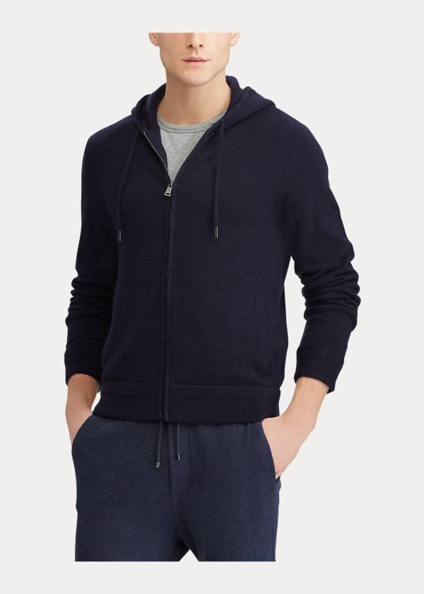 Kurtki Ralph Lauren Suede-Trim Wool-Blend Hoodie Męskie Granatowe | QBTE1803