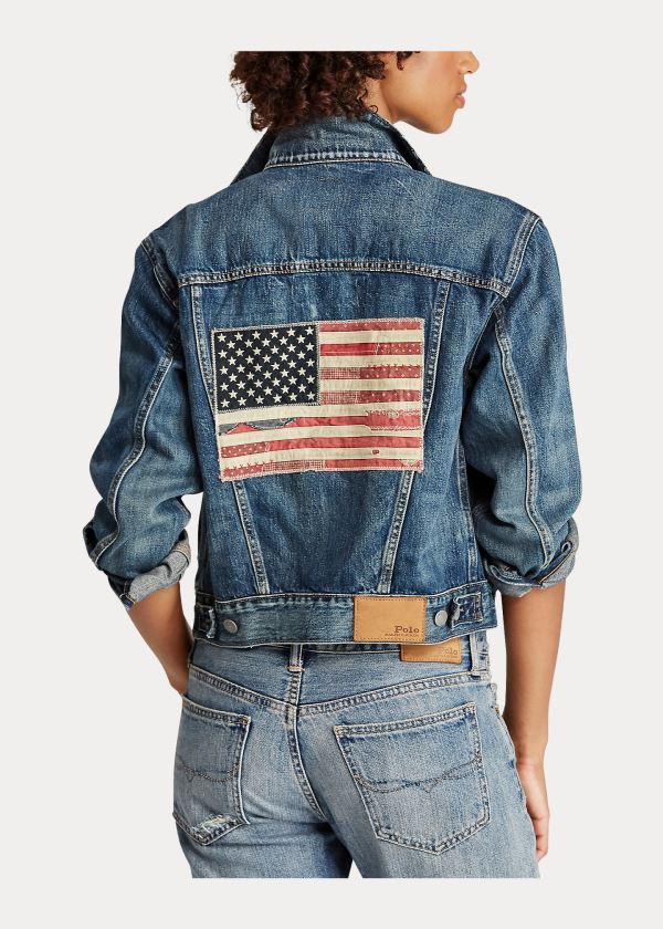 Kurtki Ralph Lauren USA Flag Denim Trucker Jacket Damskie Ciemny Indygo | IOXS4197