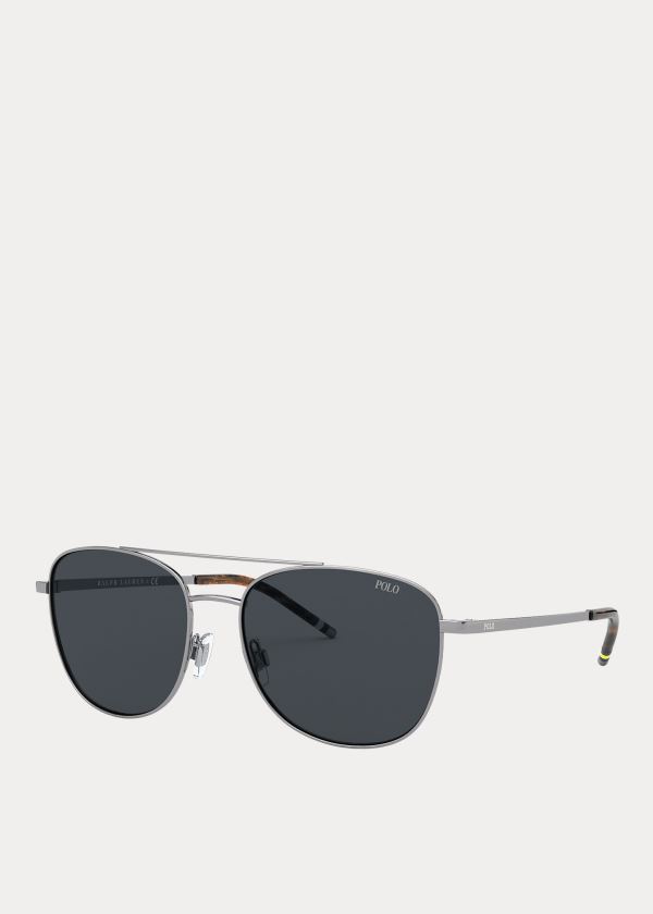 Okulary Przeciwsłoneczne Ralph Lauren Striped Rectangular Sunglasses Męskie Szare | UTGG0108