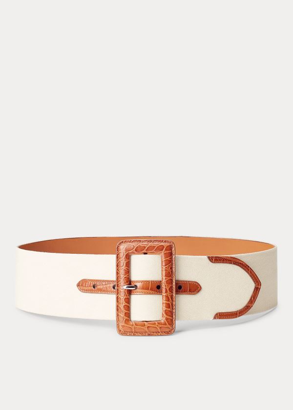 Paski Ralph Lauren Calfskin-Trim Canvas Belt Damskie Brązowe Kremowe | DYXT3207