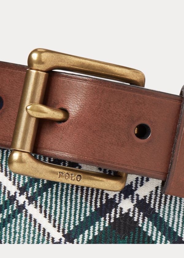 Paski Ralph Lauren Leather-Trimmed Tartan Belt Męskie Białe Zielone Granatowe Żółte | IZLQ4655