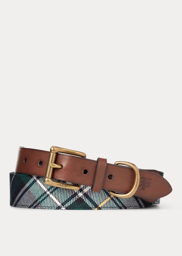 Paski Ralph Lauren Leather-Trimmed Tartan Belt Męskie Białe Zielone Granatowe Żółte | IZLQ4655