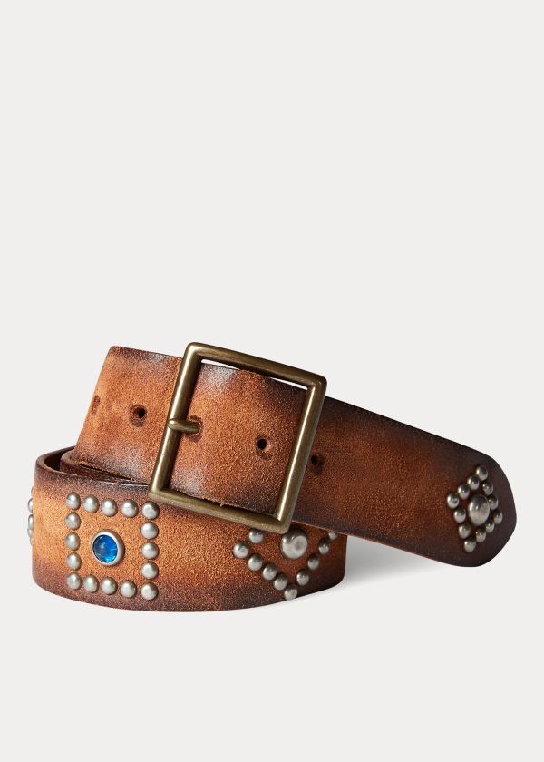 Paski Ralph Lauren Studded Roughout Leather Belt Męskie Głęboka Brązowe | EOAH5554