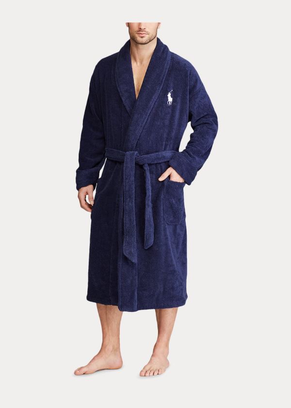 Piżama Ralph Lauren Big Pony Cotton Terry Robe Męskie Granatowe Białe | OXFO2228