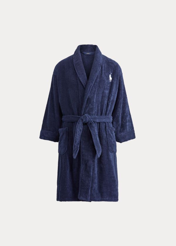 Piżama Ralph Lauren Big Pony Cotton Terry Robe Męskie Granatowe Białe | OXFO2228