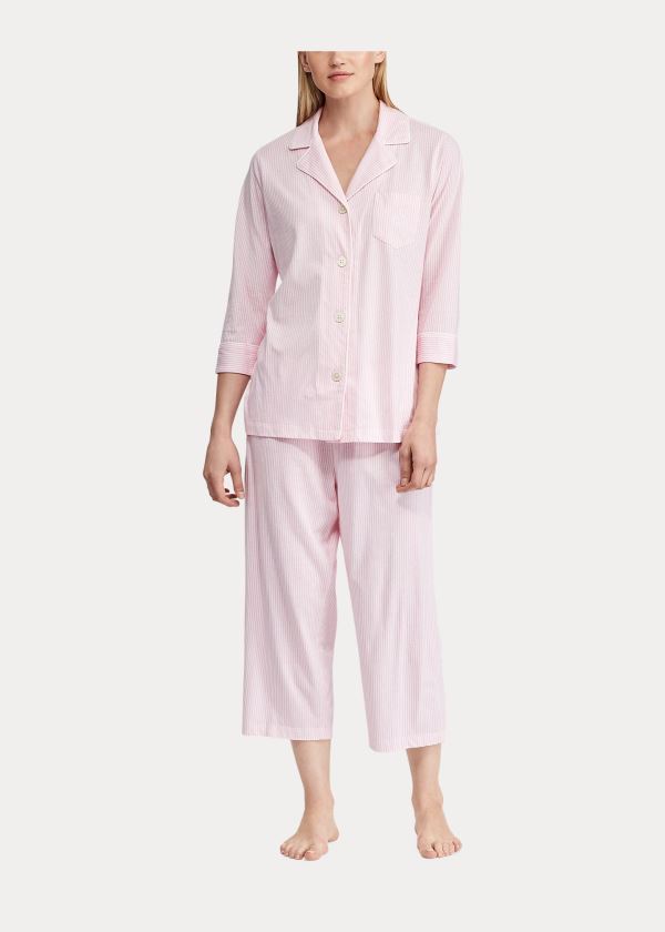 Piżama Ralph Lauren Cotton Capri Sleep Set Damskie Różowe Białe | MLRL2108