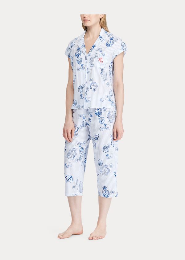 Piżama Ralph Lauren Nautical Cotton Sleep Set Damskie Białe Granatowe | ESNB5049